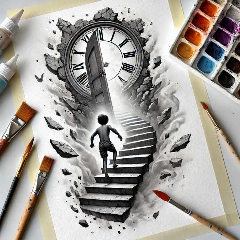 Clock, stairs, silhouette figure, ink splashes, and smoke in black and grey; AI-generated cover-up tattoo project.