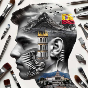 Head profile in black and grey with tower, flag, mountains, building, birds, wing; tattoo design project; cover-up suitable.