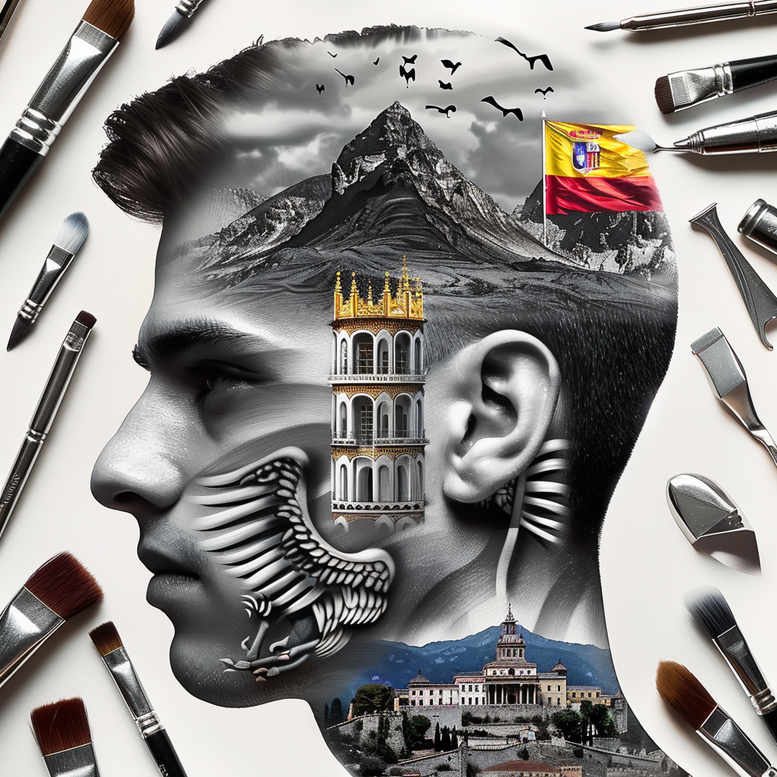 Head profile in black and grey with tower, flag, mountains, building, birds, wing; tattoo design project; cover-up suitable.