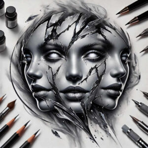 surrealistic-characters tattoo design ideas rich shading impossible being for side
