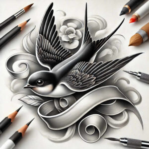 A black and grey tattoo concept showing a swallow in flight, with flowing ribbon scrolls, a flower, and a leaf, surrounded by pencils; a project idea, not specifically designed for cover-up.