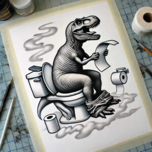 Dinosaur on a black and grey toilet seat in fine line style; visible elements: dinosaur, toilet, toilet paper, steam; AI-generated tattoo project; not ideal for cover-up.