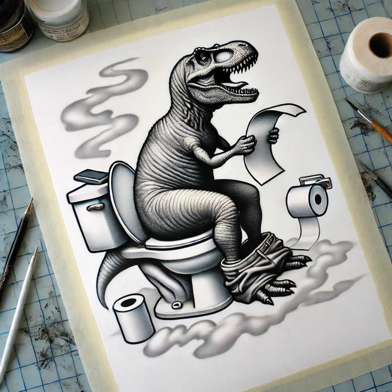 Dinosaur on a black and grey toilet seat in fine line style; visible elements: dinosaur, toilet, toilet paper, steam; AI-generated tattoo project; not ideal for cover-up.