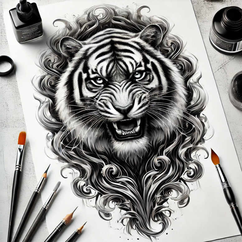 Tiger head in black and grey with swirling ornate pattern; tattoo design concept, AI-generated.