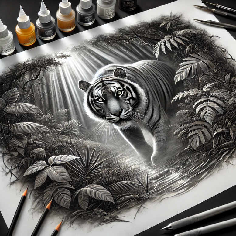 Tiger head within a circular frame with fern leaves in black and grey; AI-generated tattoo design concept; cover-up-ready.