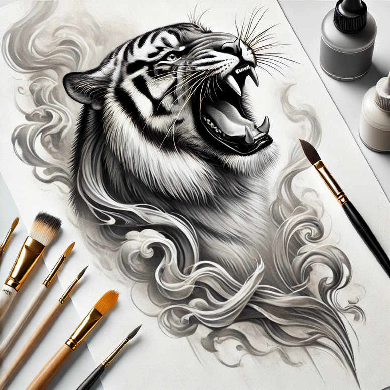 Tiger head in black and grey, with flowing swirls, brushes and ink bottles visible; a tattoo design concept, suitable for a cover-up.