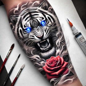 tiger-battle-motif – tattoo design ideas free ai generated – surrealism-unreal – for-scapula – Gallery: tigers-inkby-ai
