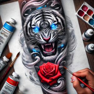 tiger-life-motif – tattoo design ideas free ai generated – neotraditional-refined-lines – for-upper-chest – Gallery: tigers-inkby-ai