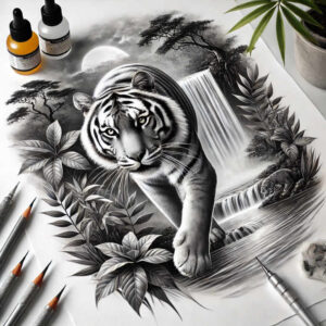 tiger-with-lines – tattoo design ideas free ai generated – realism-true-rendering – for-spine – Gallery: tigers-inkby-ai