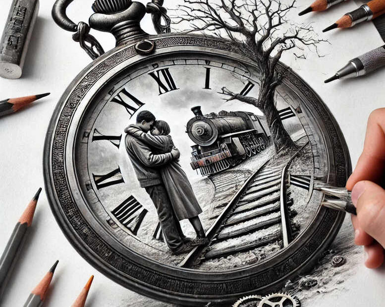 Black and grey pocket watch with Roman numerals, embracing couple, steam train on tracks, bare tree, gears, hand with pencil, eraser — cover-up tattoo project idea.