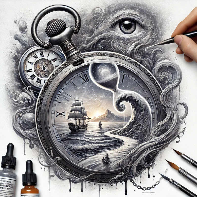 Grey and black pocket watch with a sailing ship inside, curling waves, an eye above, and a hand sketching with a pencil; ink bottles and brushes nearby; tattoo concept, black and grey.