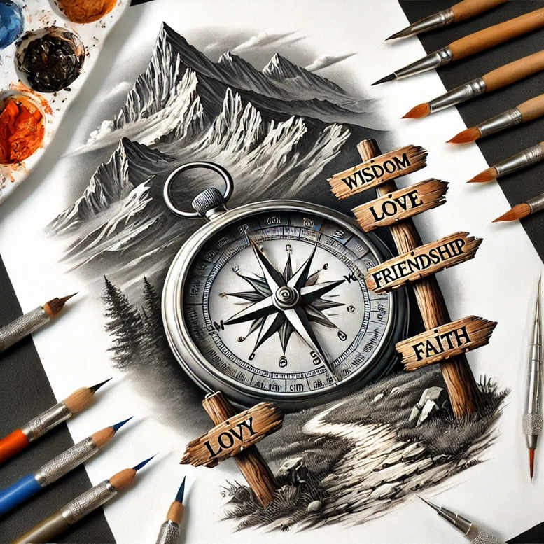 Black and grey compass with mountains, wooden signposts, and artist tools; concept tattoo design idea, not specifically for cover-up.