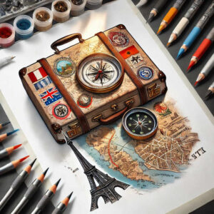 Colorful suitcase with maps and stickers, compass, Eiffel Tower sketch on paper, pencils around; color-filled ink idea; project concept, not specifically for cover-up.