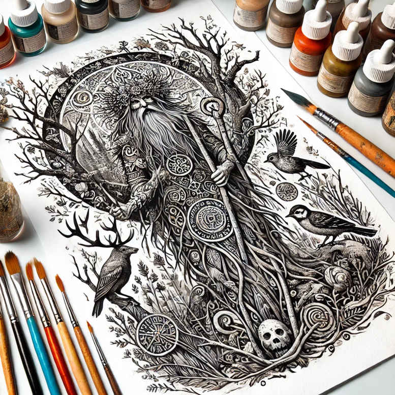 Black and grey tattoo concept: a tree of life encircles a central female figure, with skulls and birds among the roots; an AI-generated idea, suitable for cover-up.