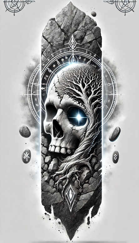 Skull with a tree growing through a cracked rock slab in black and grey, encircled by a geometric ring; project-ready, pattern-focused, and suitable for a cover-up.