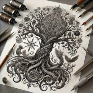 tree-with-plant-ornaments-neotraditional-bright-color-for-full-back – tattoo design ideas free ai generated – Gallery: trees-inkby-ai
