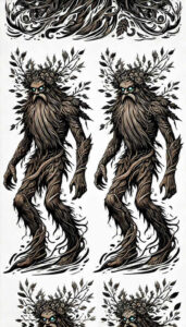 Two tree-creature figures formed from bark with leafy crowns and blue eyes, mirrored on a white background; bold dark shading; ideal for a cover-up tattoo project.