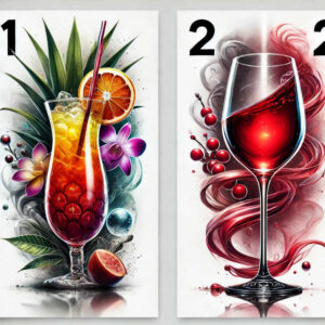 Two-panel color tattoo design; left panel shows a glass of tropical cocktail with orange slice, orchid, and leaves; right panel shows a wine glass with red wine and crimson swirls and berries.