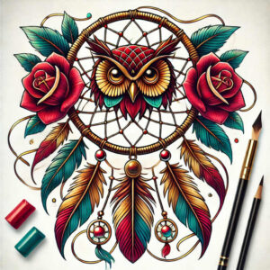 Owl inside a dreamcatcher with red roses, teal leaves, multicolored feathers, beads, rings, and cords; color tattoo design idea; project.