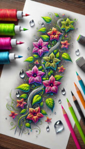 Colorful [flower, leaf, marker, pencil, paper, droplet]; full color; tattoo design project; cover-up suitability: no.