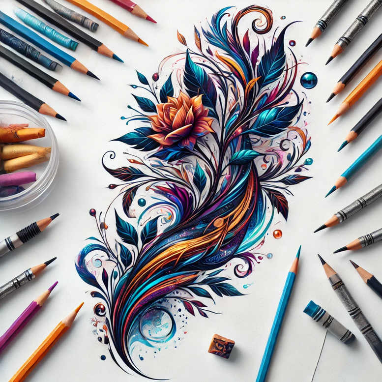 Colorful flower with swirling leaves, surrounded by pencils and a jar of pastels; color illustration; project idea, not suitable for cover-up.