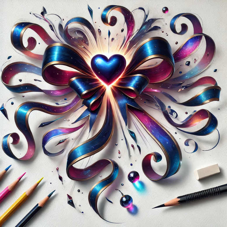 Heart in cobalt blue; ribbons in blue, pink, and purple; pencils; eraser; color illustration; project; not ideal for cover-up.