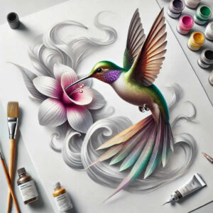 Hummingbird with green, purple, and gold plumage hovers beside a pink-white flower on a white sheet with brushes and paint tubes nearby; full-color tattoo project idea.