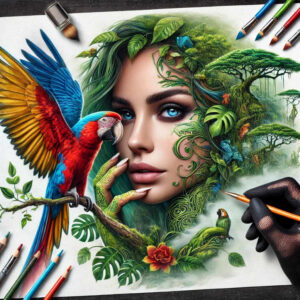 Colorful parrot, female face, hand in a glove drawing with pencil; lush leaves and flowers frame a vibrant jungle scene; AI-generated tattoo project; not a cover-up.