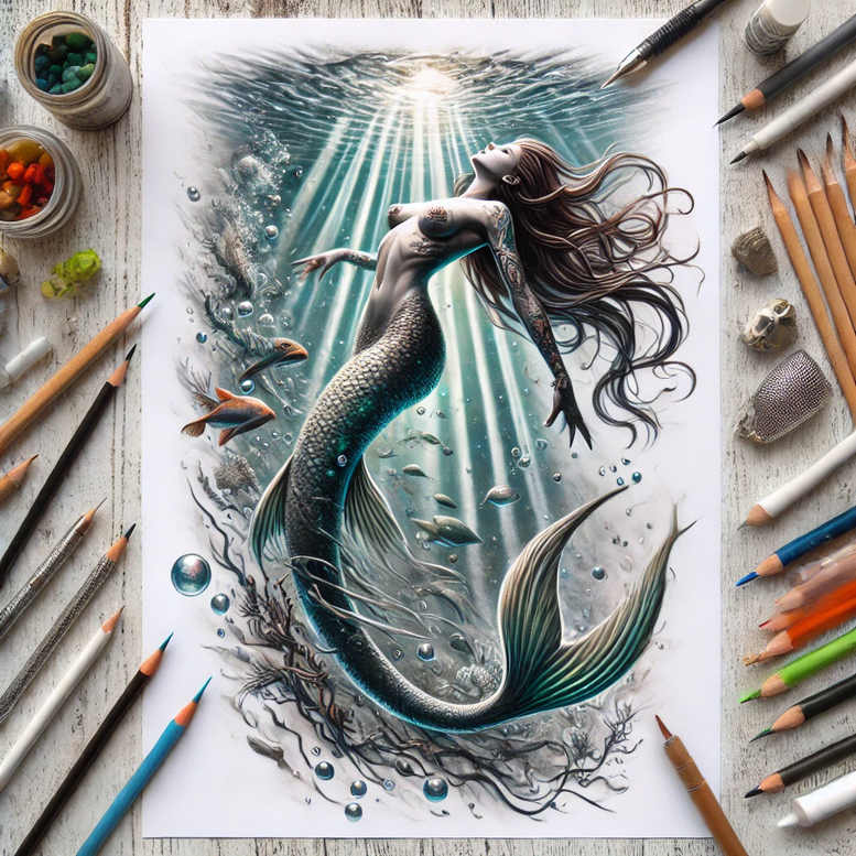 Mermaid in a colorful full-color underwater scene with fish, bubbles, seaweed, rocks, and art supplies (pencils, brushes, paint jars) on a white sheet; AI-generated tattoo project; not suitable for cover-up.
