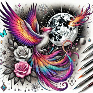 Phoenix tattoo design in rainbow colors, full moon in gray, pink rose and gray leaves, blue butterfly, geometric shapes, and color brushes; project idea; cover-up not suitable.