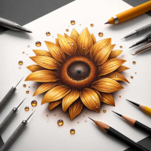 Sunflower with golden-yellow petals and a dark center on white paper, surrounded by pencils and pens; colored tattoo design concept (AI-generated).