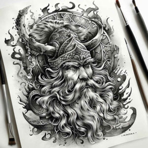 Viking portrait in black and grey with helmet, beard, shield, knotwork, and flame pattern; project-ready cover-up.