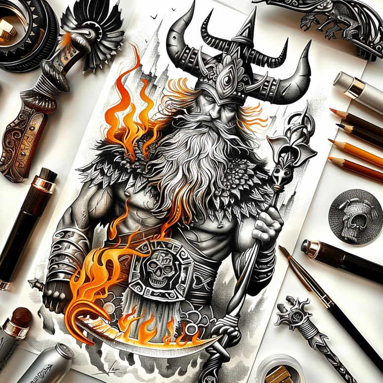 Bearded warrior god portrait in black and grey, horned helmet, cloak, armor and a fiery shield with emblems; a cover-up ready tattoo idea in grayscale.