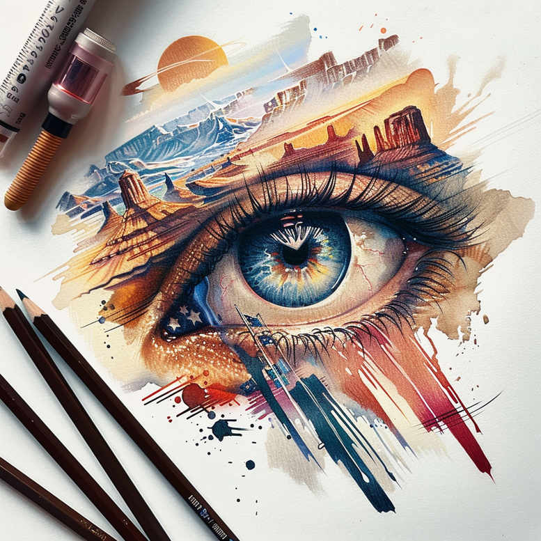 Eye with blue iris and brown accents, surrounded by orange-blue watercolor brush strokes on paper; color tattoo project, AI-generated idea, suitable for cover-up.