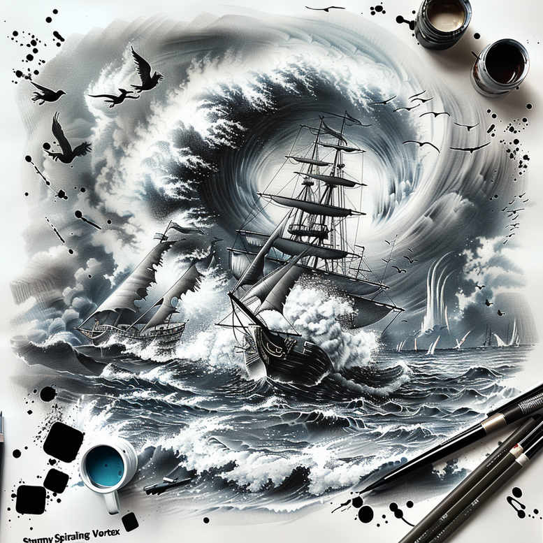 Ship, whirlpool, waves, and birds in a black and grey storm scene; AI-generated tattoo project, cover-up ready.