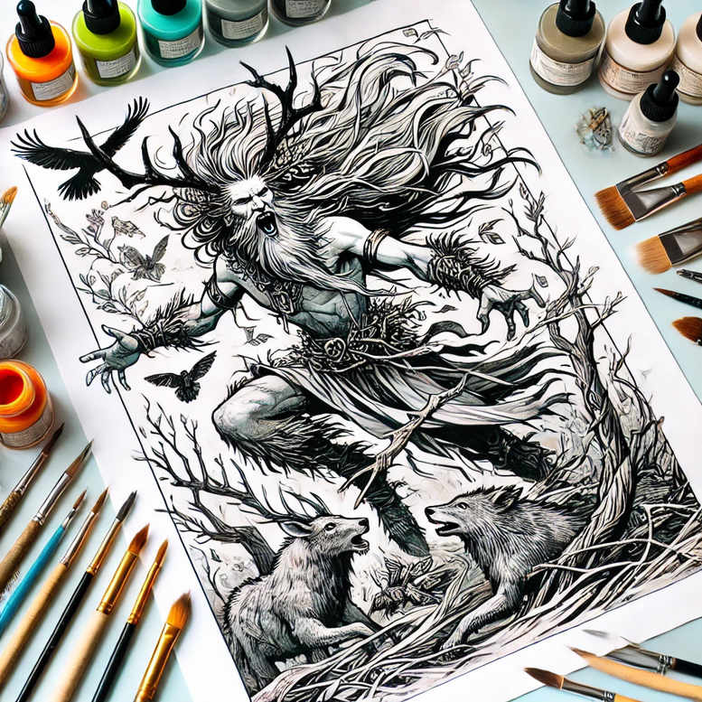Black and grey tattoo concept showing the Slavic Leshy forest spirit with antlers, tangled branches, hair, and roaming birds; concept art for cover-up.