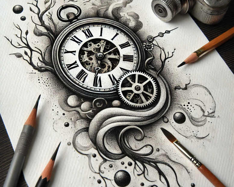 Black and grey tattoo design featuring watch, gear, branch, pencil, camera, and paper; AI-generated project; suitable for cover-up.