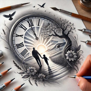 watches-hourglass tattoo design ideas Surrealism shimmering forms ornamental timer shows perseverance