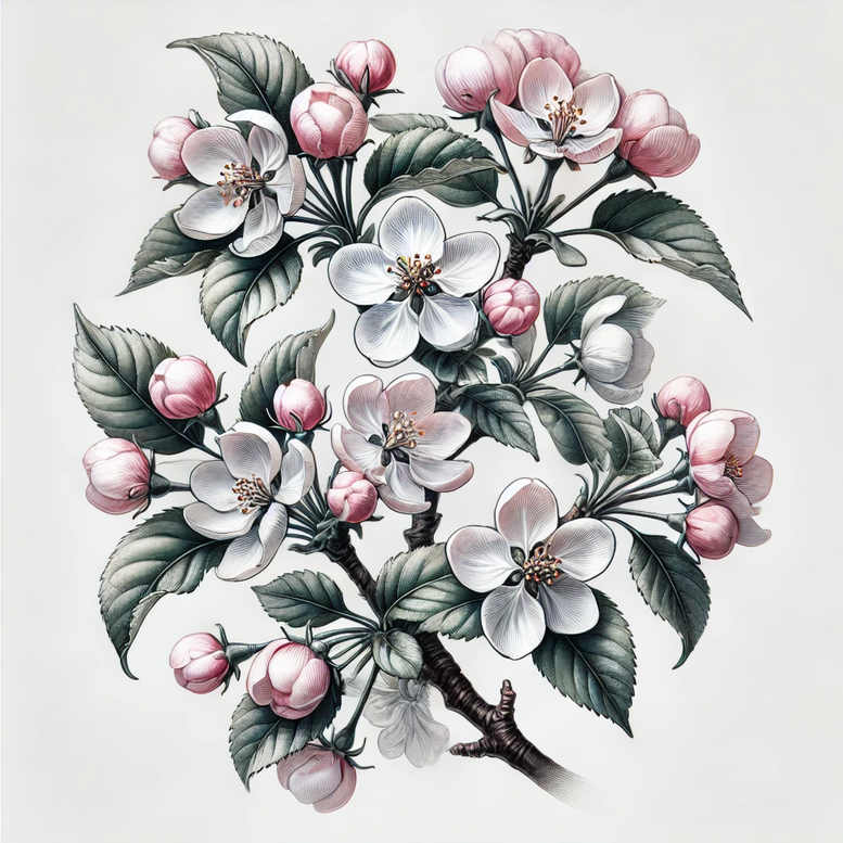 Flower, buds, leaves, and branch in color watercolor; pink buds, white petals, green leaves; project idea for tattoo design.