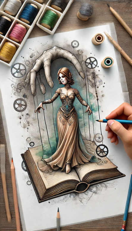 Full-color illustration of a woman in an ornate dress standing on an open book, a large pale hand above with strings and pattern-rich gears; AI-generated tattoo project; not a cover-up.