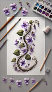 Purple violet blossoms on a curling green vine with leaves on white paper; watercolor pattern; full color; project idea; not cover-up.
