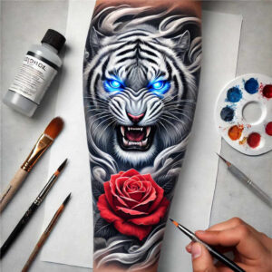 Tiger head with blue eyes and a red rose on forearm, black and grey shading; AI-generated tattoo project; cover-up suitable.