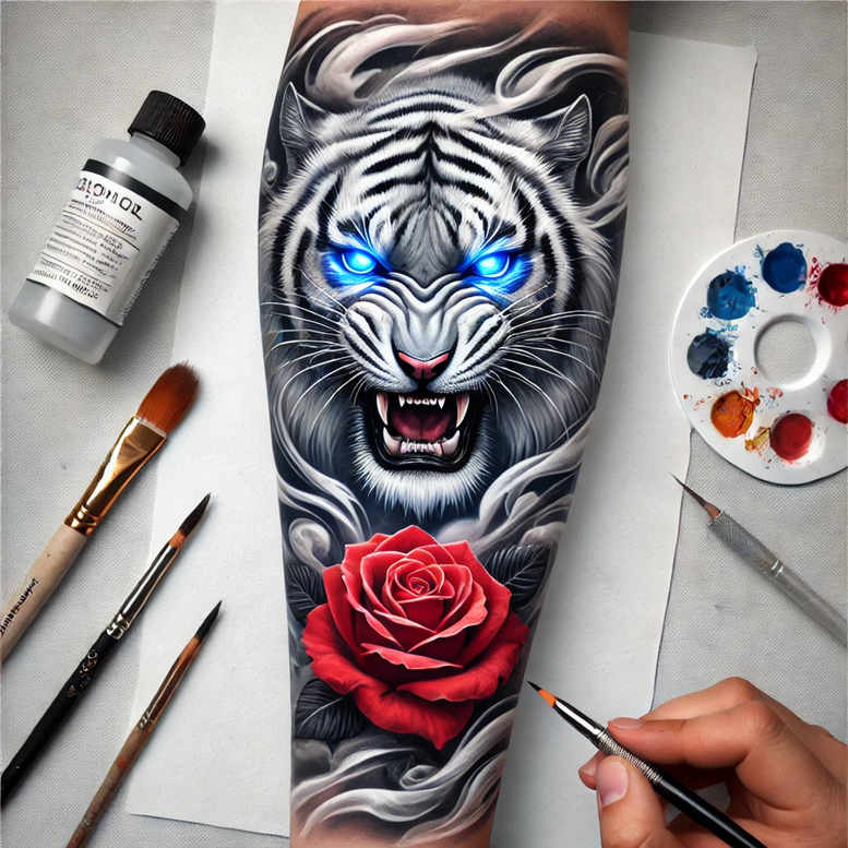 Tiger head with blue eyes and a red rose on forearm, black and grey shading; AI-generated tattoo project; cover-up suitable.