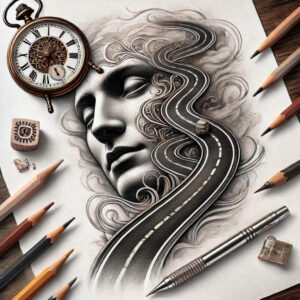 Black and grey sketch of a woman's face with a winding road motif; visible elements include pencil, watch, eraser, and sharpener; project idea; cover-up-ready.
