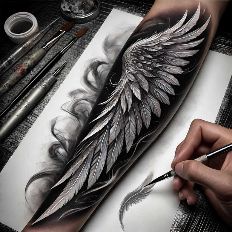 Wing and hand sketch in black and grey on paper, showing a detailed feather wing; cover-up-ready tattoo design concept.