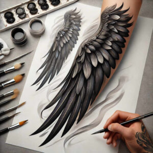 Wing tattoo design in black and grey on white paper; visible elements include wing sketch, artist's hand, ink pots, brushes; project concept; suitable for cover-up.