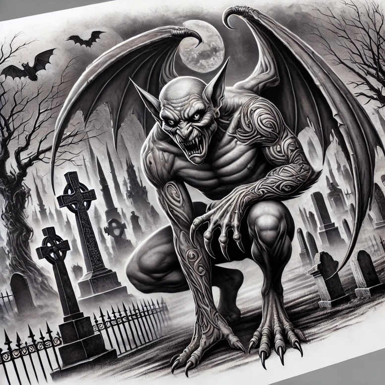Black and grey winged demon crouching in a graveyard with crosses and tombstones, bats, and a moon; AI-generated tattoo project; cover-up ready.