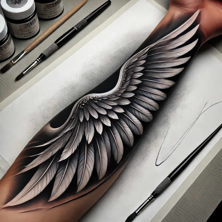 Wing tattoo on forearm in black and grey with detailed feather pattern; a cover-up ready tattoo design concept.