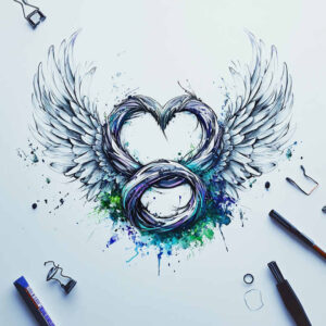 Ring and wing tattoo design idea with blue and green watercolor splashes; project concept, not a cover-up.