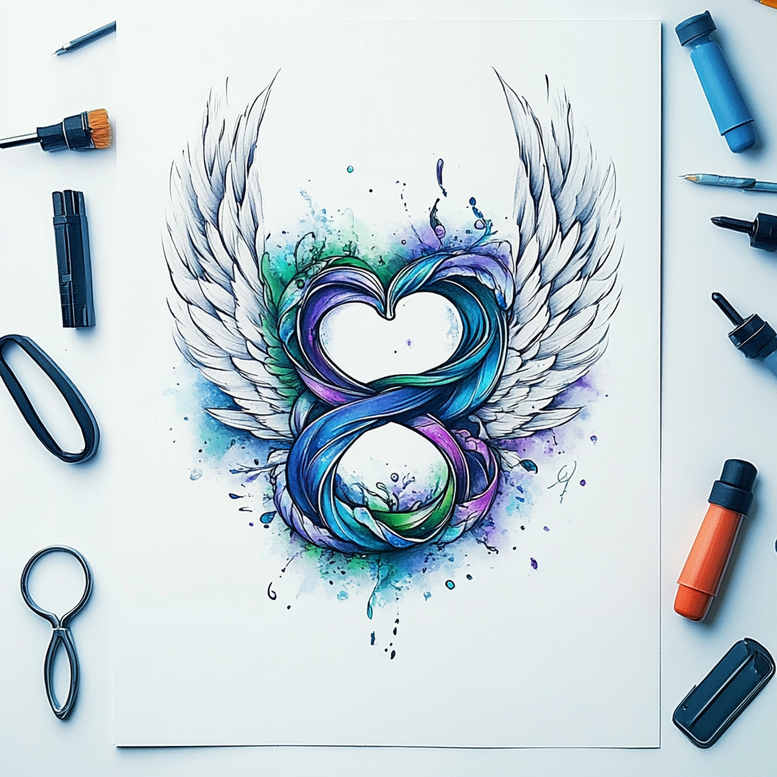 Winged infinity heart tattoo design on white paper with blue, green, and purple watercolor splashes; colorful concept sketch; AI-generated tattoo project idea; not a cover-up.